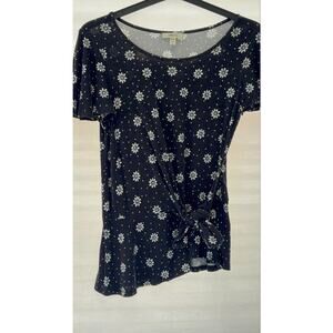 Como Blu Top Medium Black White Daisy Floral Polka Dot Side Tie Short Sleeve
